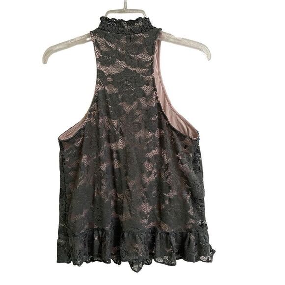 EXPRESS Boho Olive Green Rose Lace High-neck Racerback Peplum Bottom Blouse M - Picture 6 of 9
